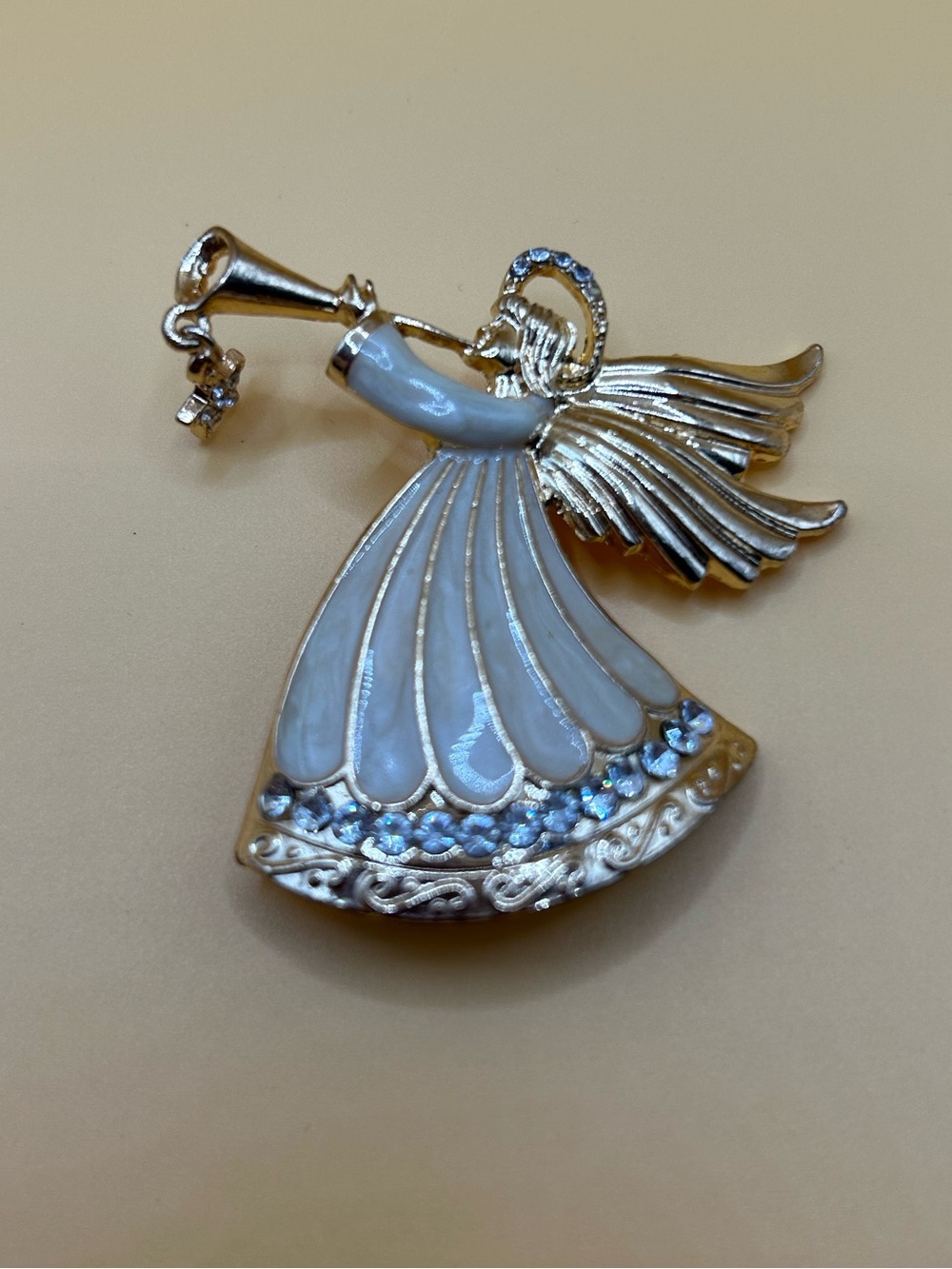 Gold-Tone Angel Brooch with White Enamel & Blue Rhinestones